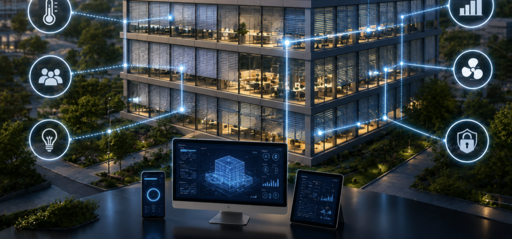 Solaris AI platform integrated with a modern smart building automation system controlling automated shading and energy efficiency.