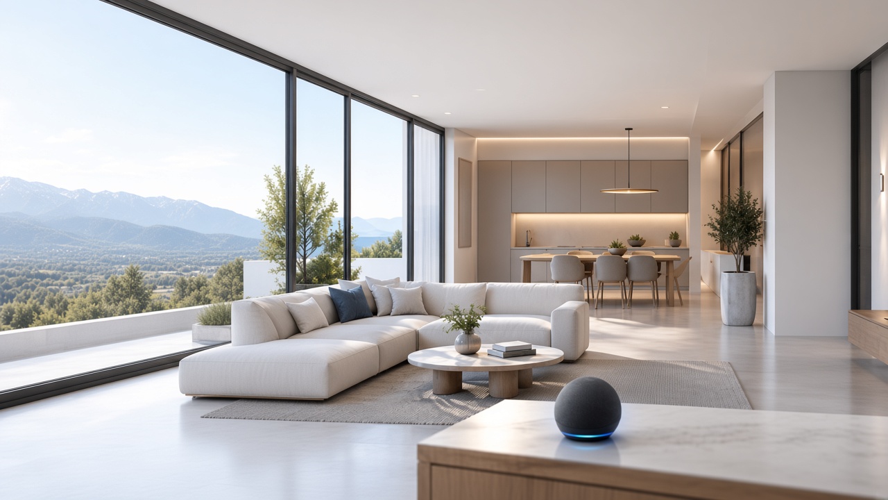 Modern living room with lighting, shades, and a voice assistant
